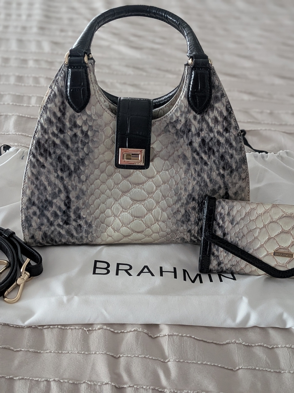 Brahmin "The Adrian" Black & White Embossed Python Satchel with Wallet